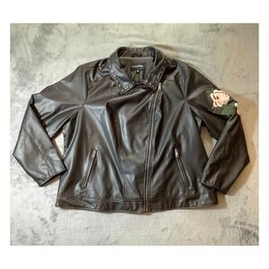 OuterEdge Women's 2X Black Faux Leather Moto Jacket Floral Embroidered Studded